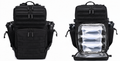 Black-zipper Makropak backpack bundle, closed and open with three meal containers and shaker bottles pictured