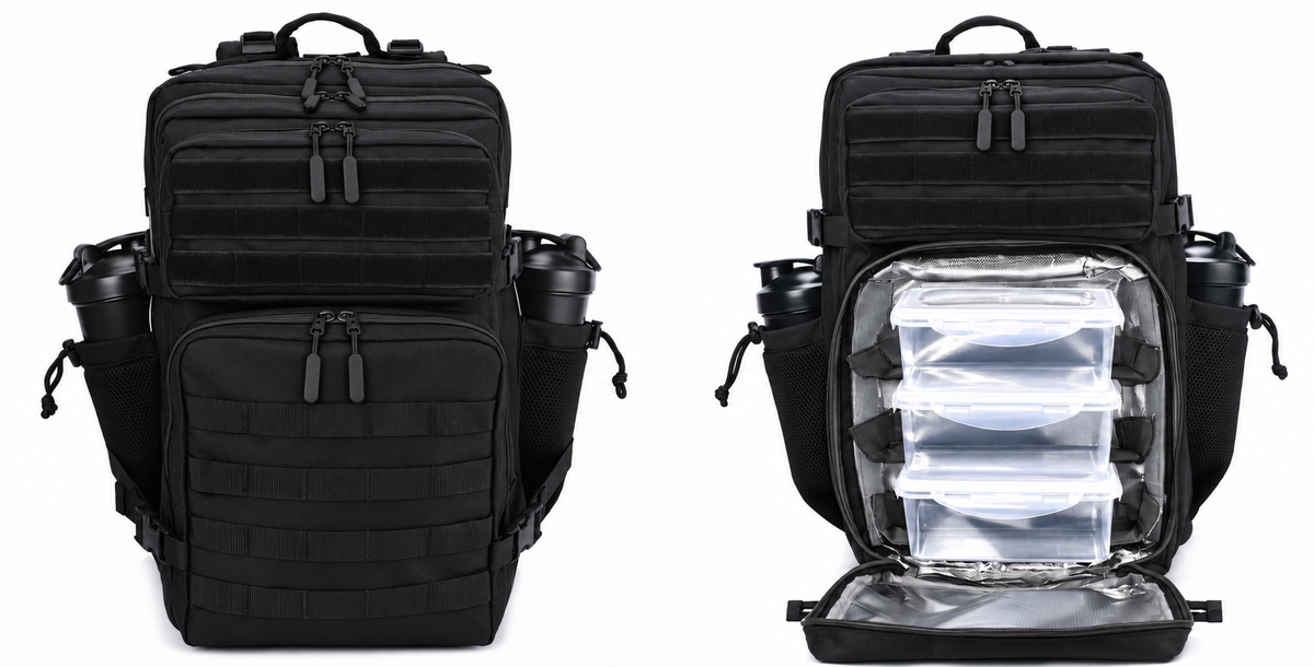 Black-zipper Makropak backpack bundle, closed and open with three meal containers and shaker bottles pictured